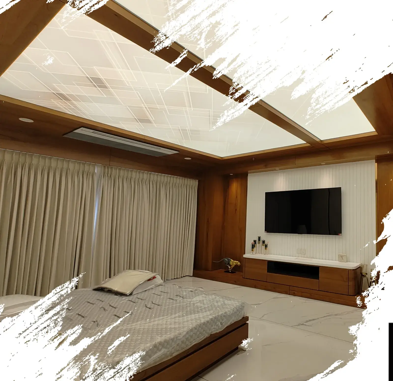 Bedroom with backlit stretch ceiling and veneer panelling